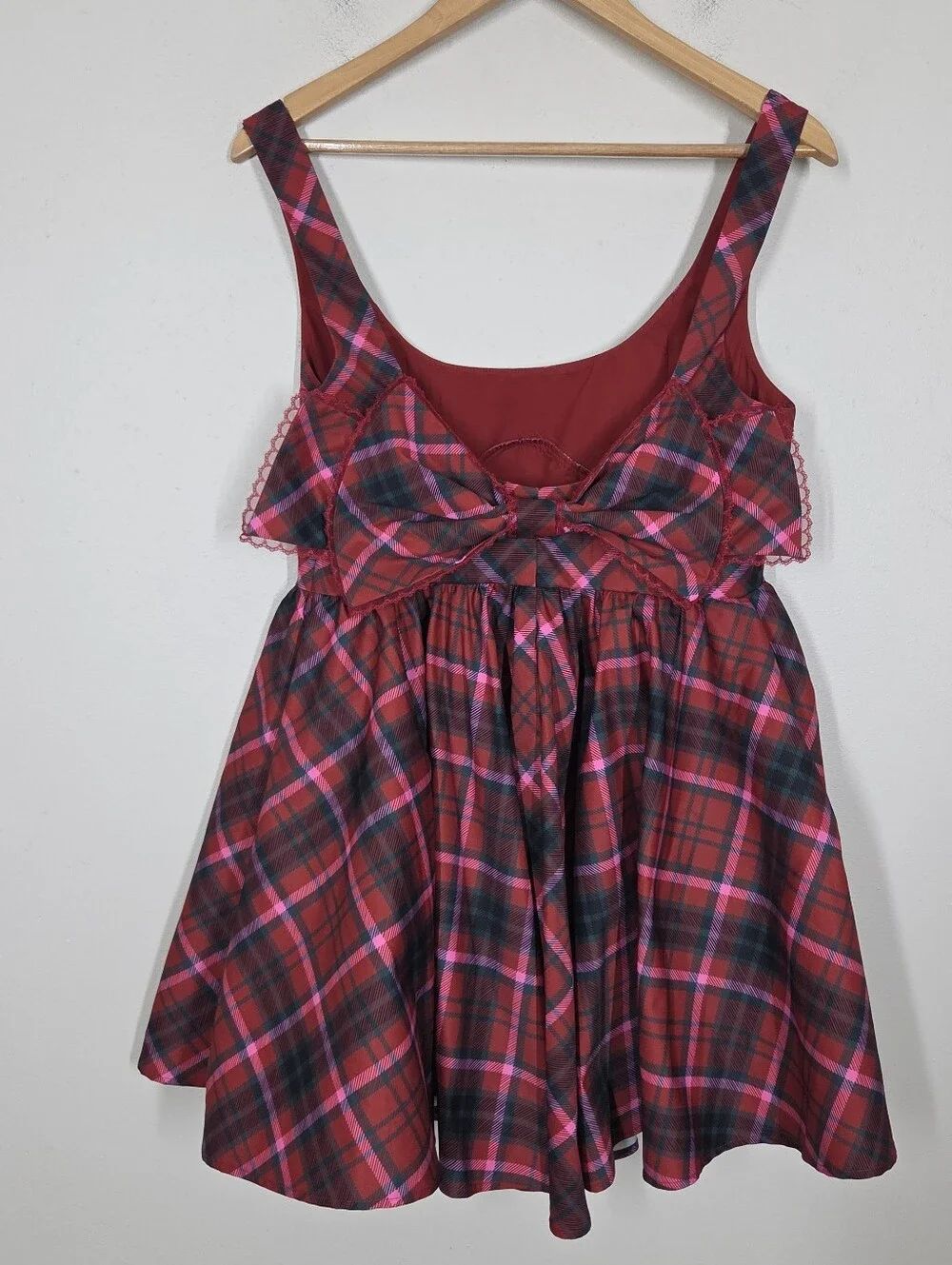 Altar'd State Red Pink Tartan Plaid Bow Babydoll Mini Dress Holiday Preppy Punk - Picture 4 of 9